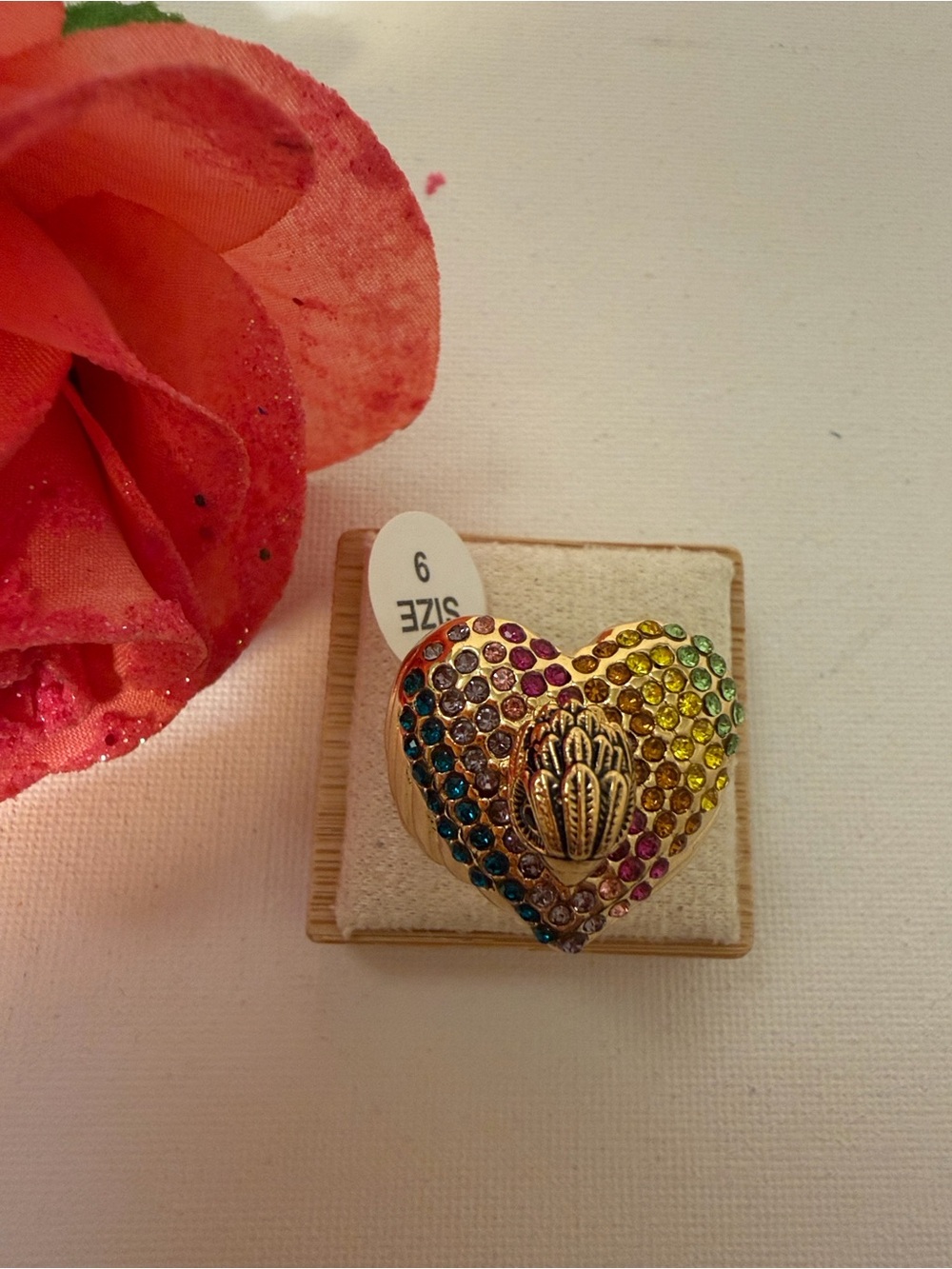 Kurt Geiger Gold Heart Ring with Rainbow Crystals. Sz 9. NEW